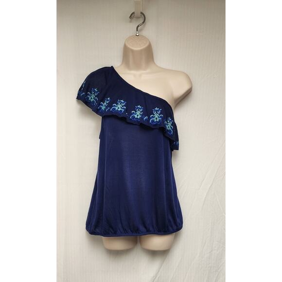 Red Camel One Shoulder Navy Blue Floral Ruffle Sleeveless Blouse Top Size XL - Picture 2 of 8